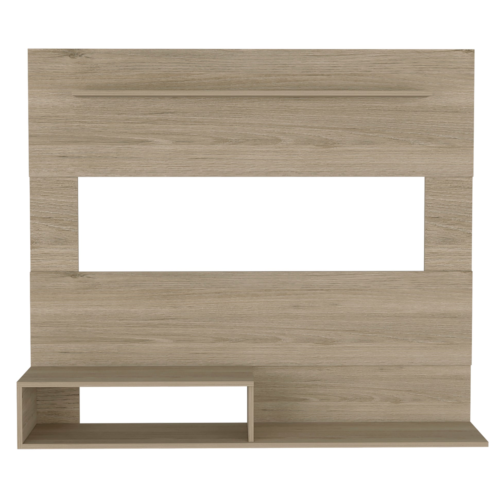 Modern beige wood TV stand with open shelving and integrated wall mount