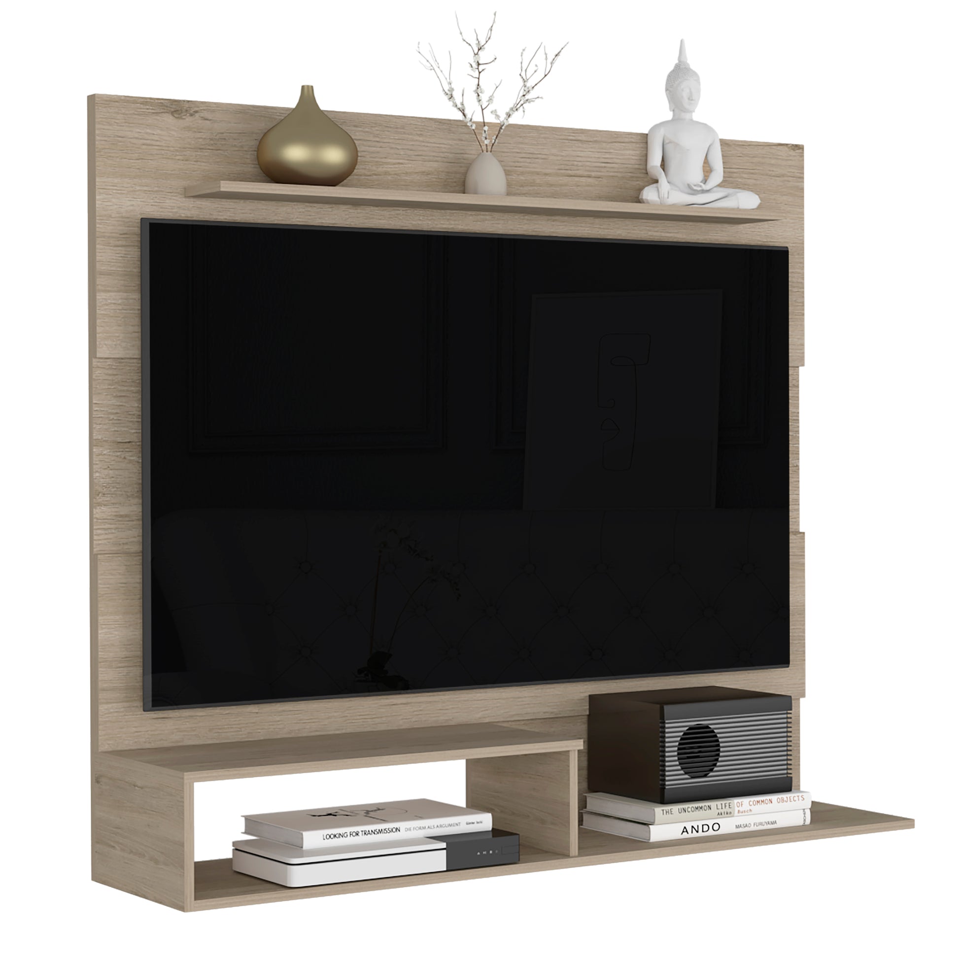 Modern oakeffect TV stand with shelves holding books and decorative items