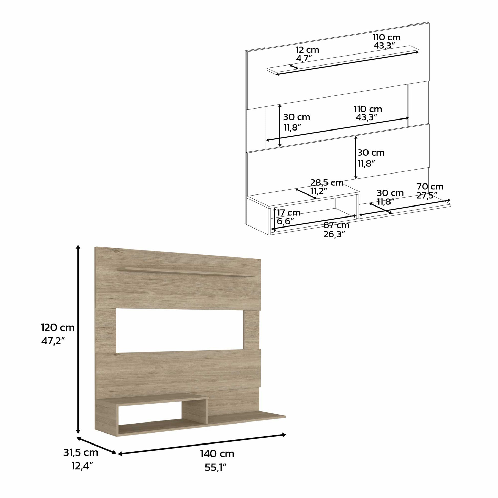 Light oak modern media unit with shelf and open cubbies cm wide