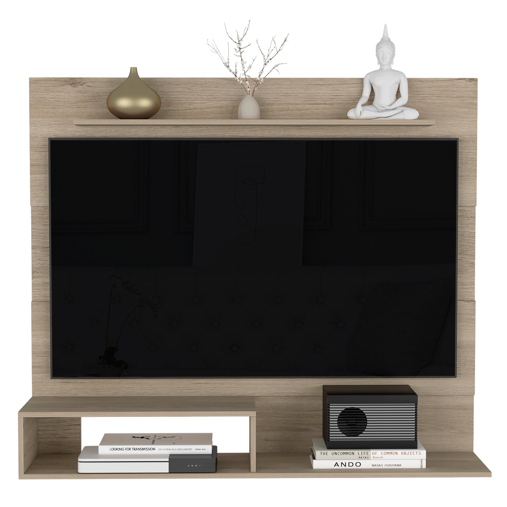 Modern wood grain TV stand with mounted shelving and decorative Buddha statue