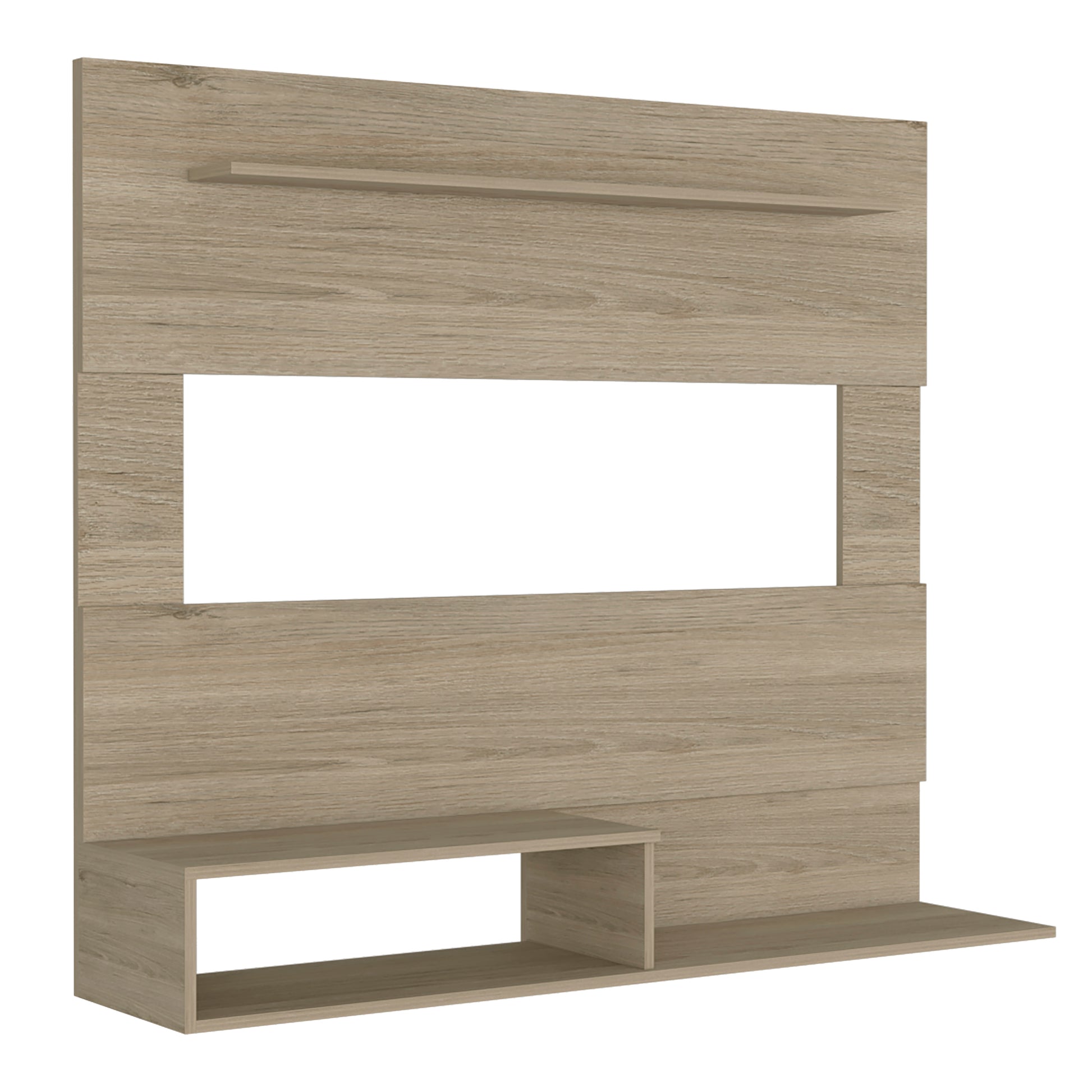 Modern wood wallmounted media unit with open shelves and a clean design