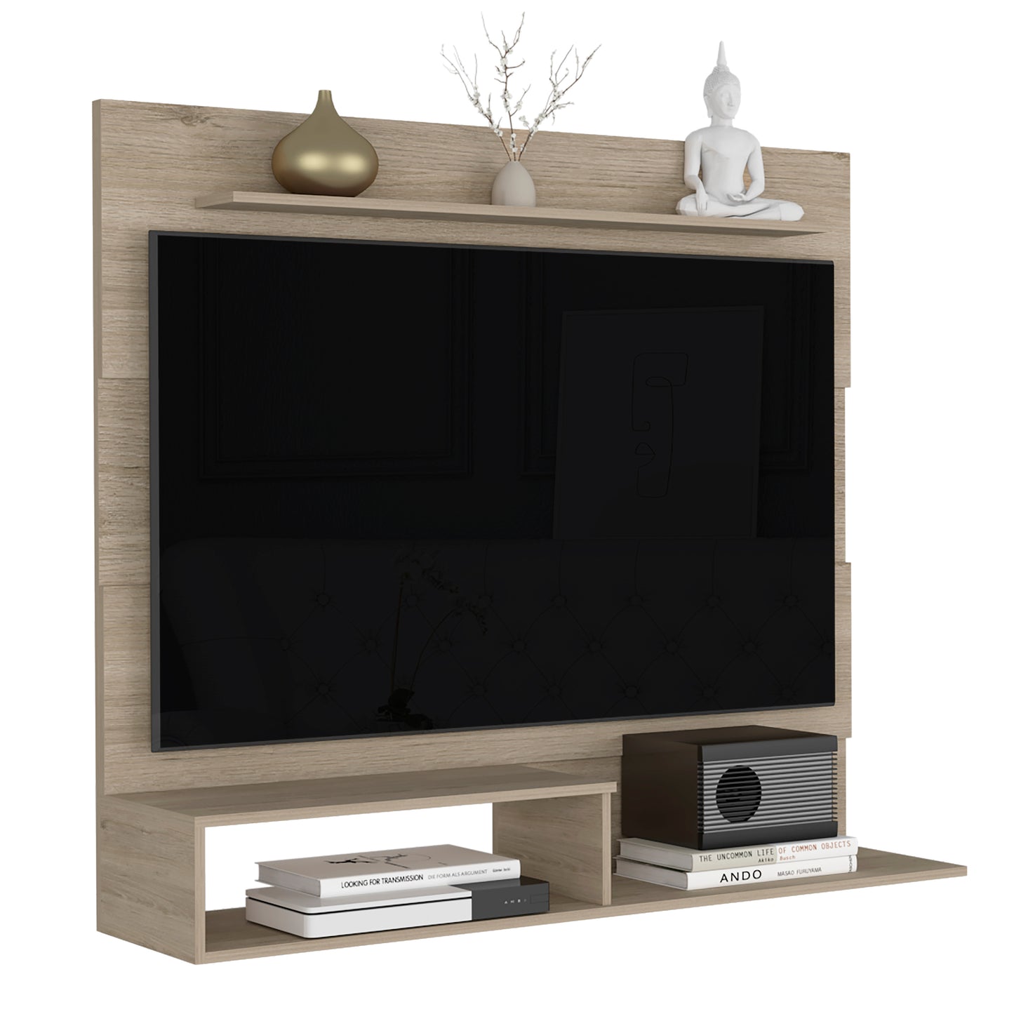 Light wood TV stand with integrated shelving perfect for modern living rooms