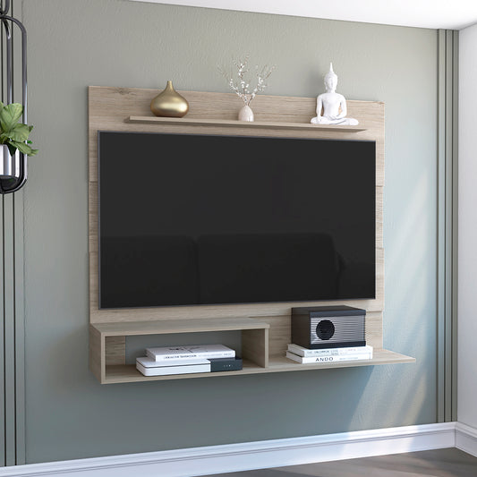 Floating TV stand with shelves in light oak finish ideal for modern living rooms