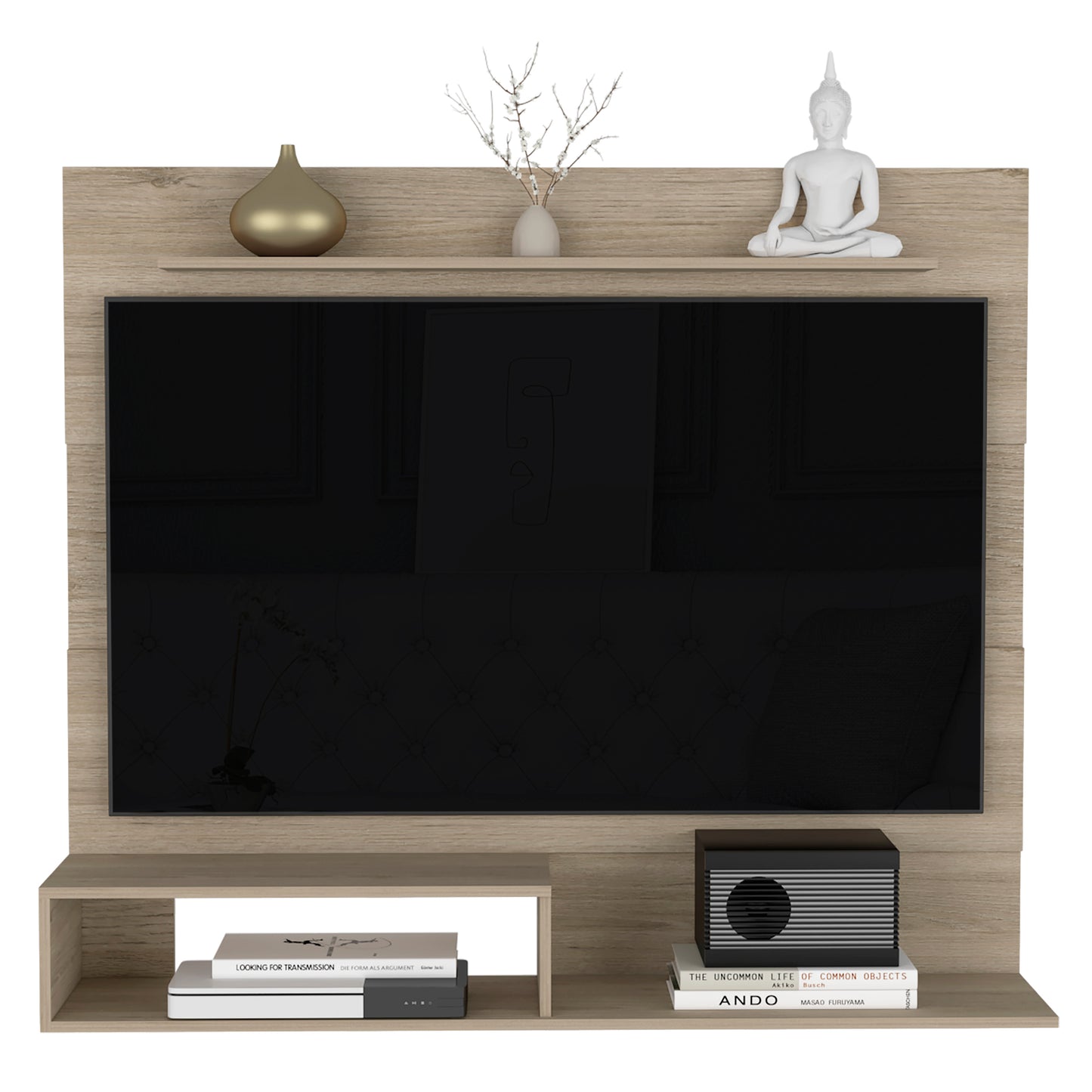 Modern media unit with light oak finish featuring a black TV screen and decorative accents