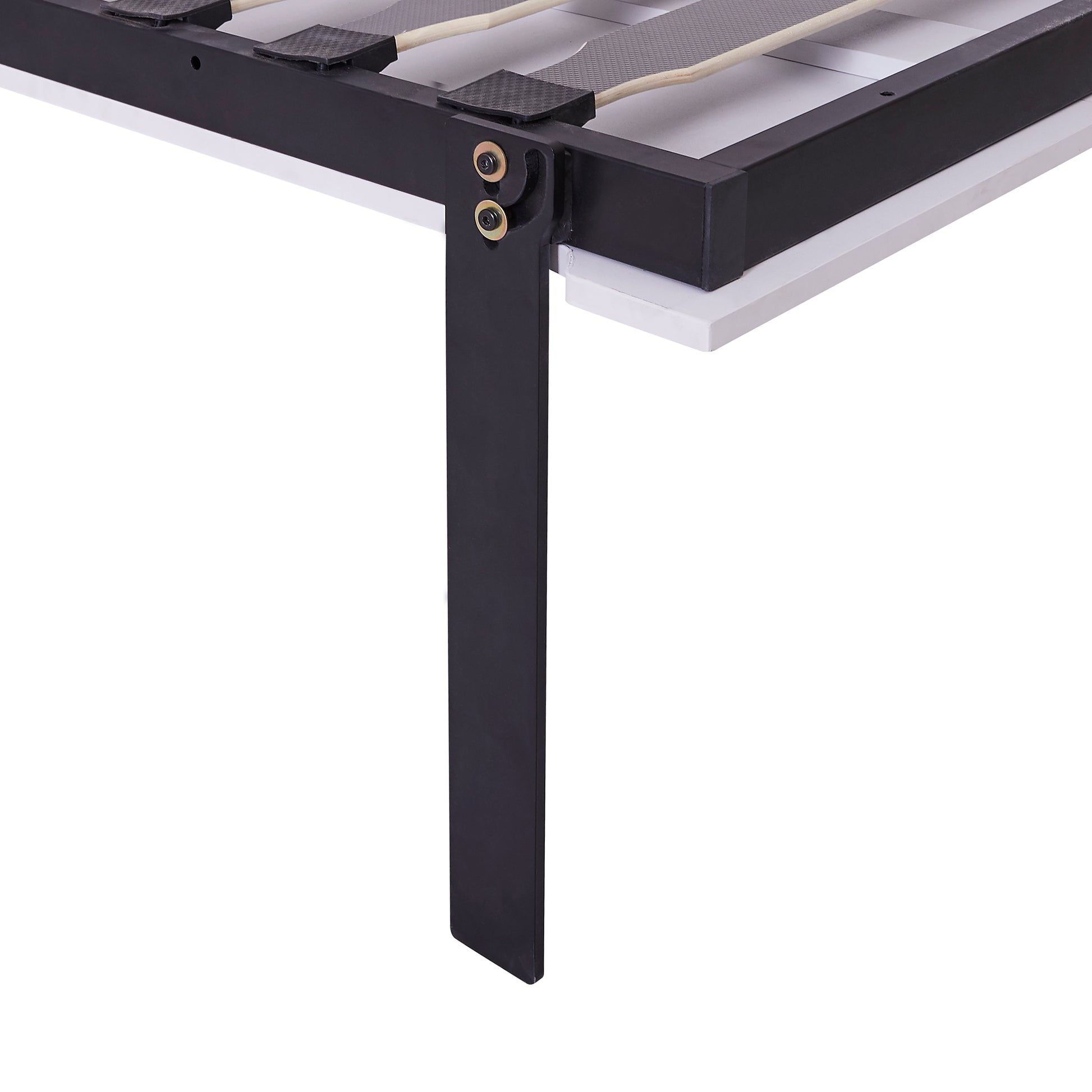 Black metal bed frame leg with bolts on white platform