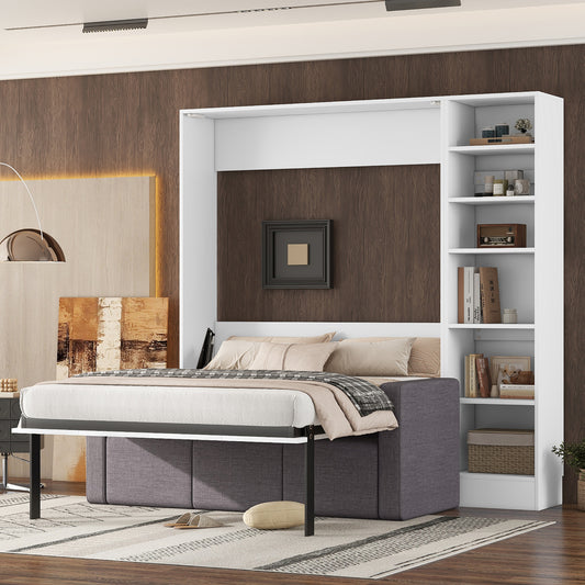 White murphy bed with grey upholstered base open mattress and integrated shelving unit for compact living