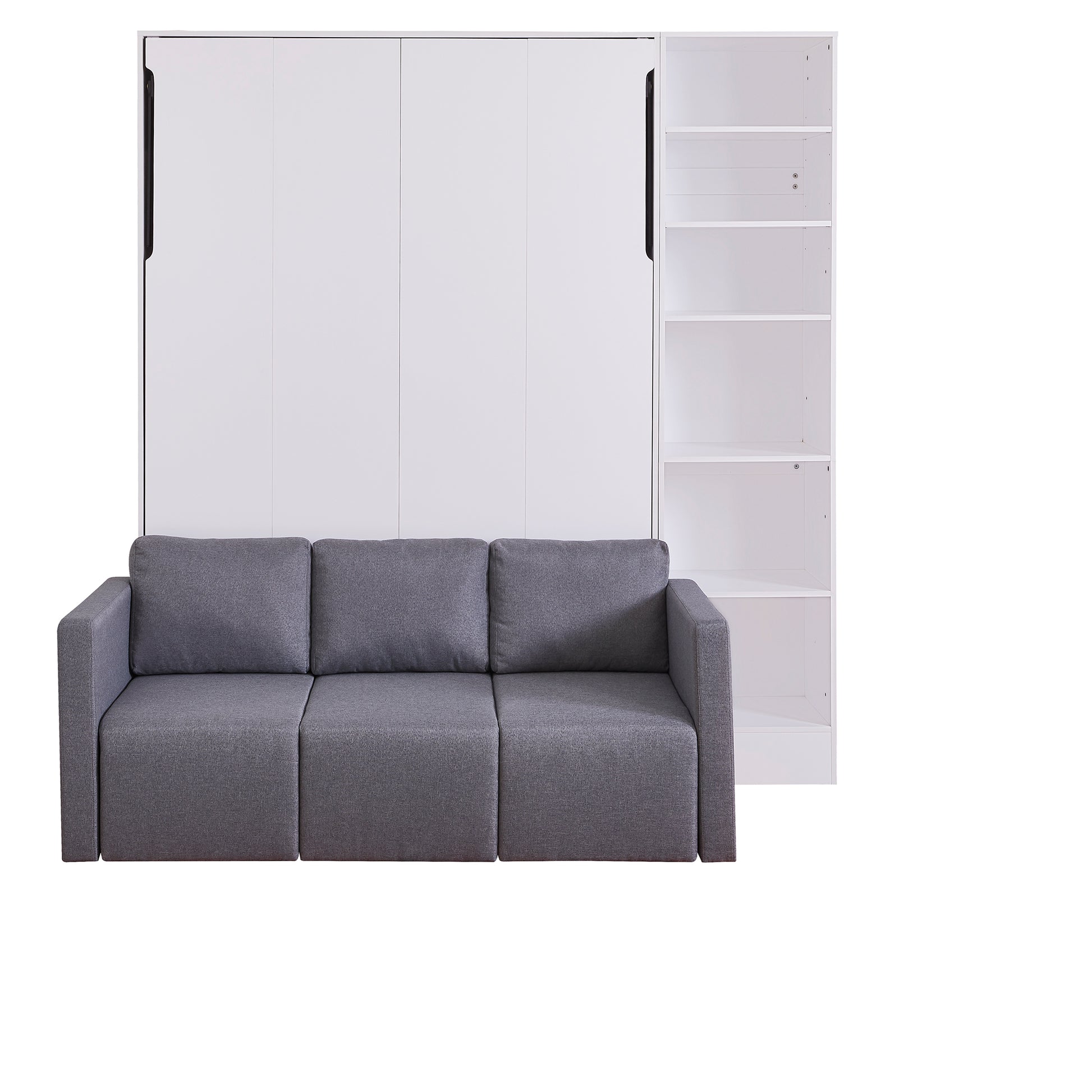 Modern grey fabric sofa with integrated white wall bed and shelving unit