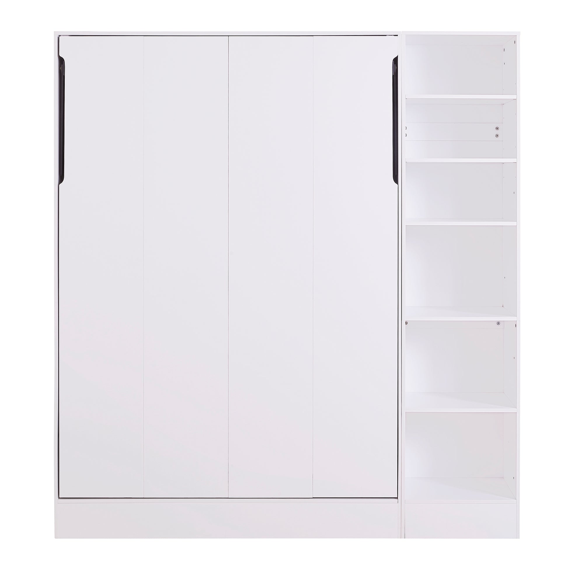 White murphy bed with integrated shelving closed position