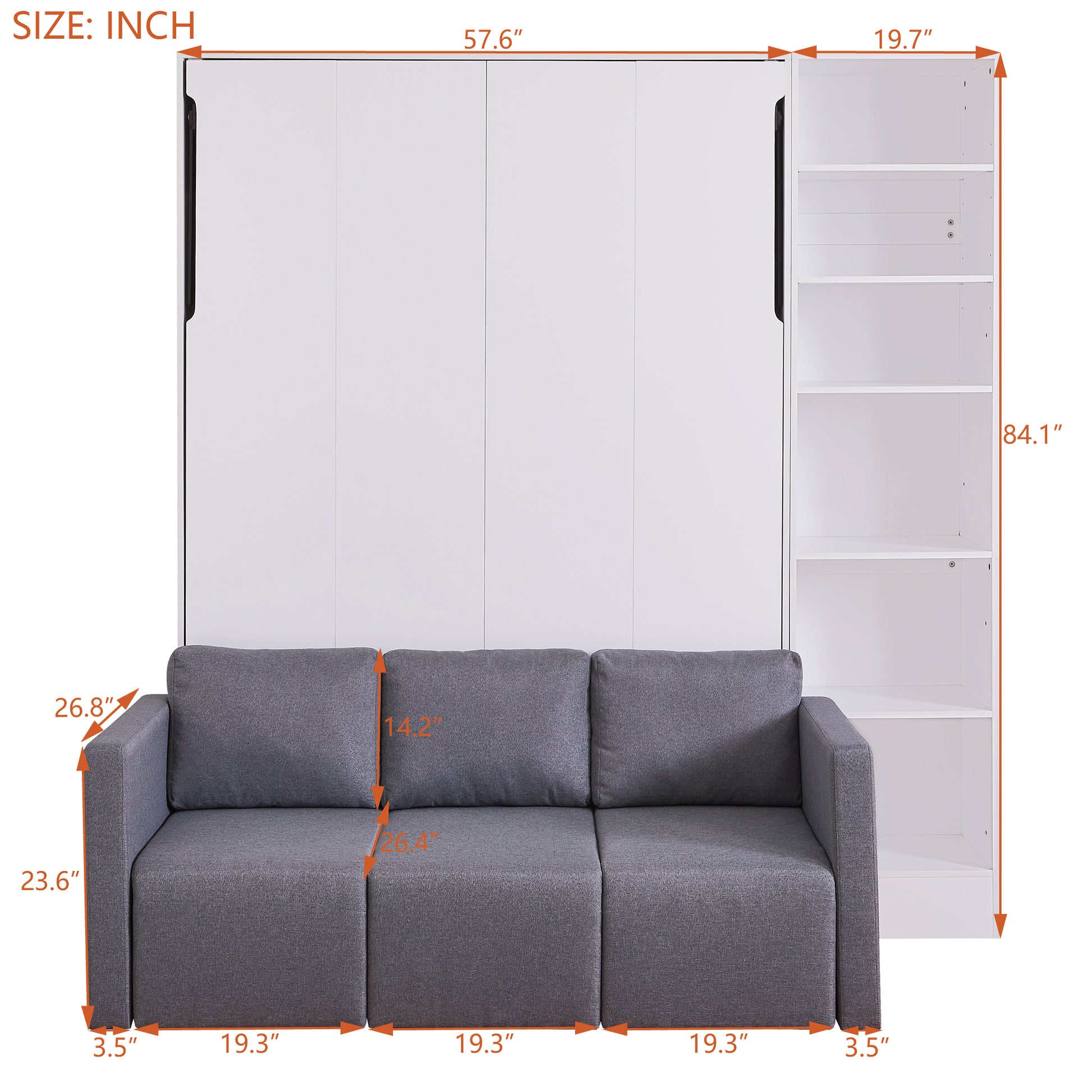 Gray fabric sofa with wall bed unit and white shelves