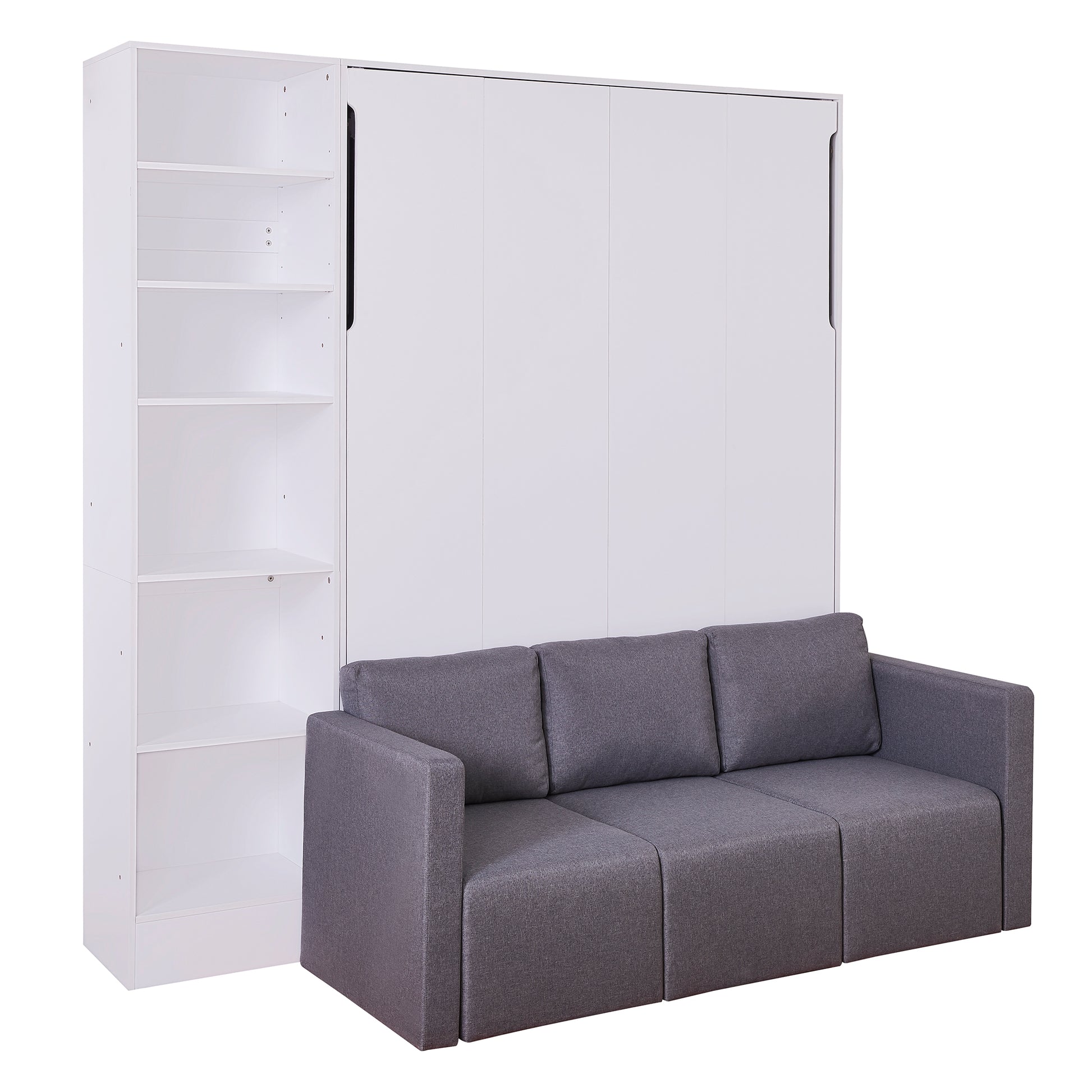 Modern white Murphy bed with integrated grey fabric sofa