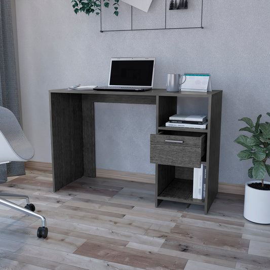 Dark gray wood grain desk with integrated drawer and shelving ideal for home office use