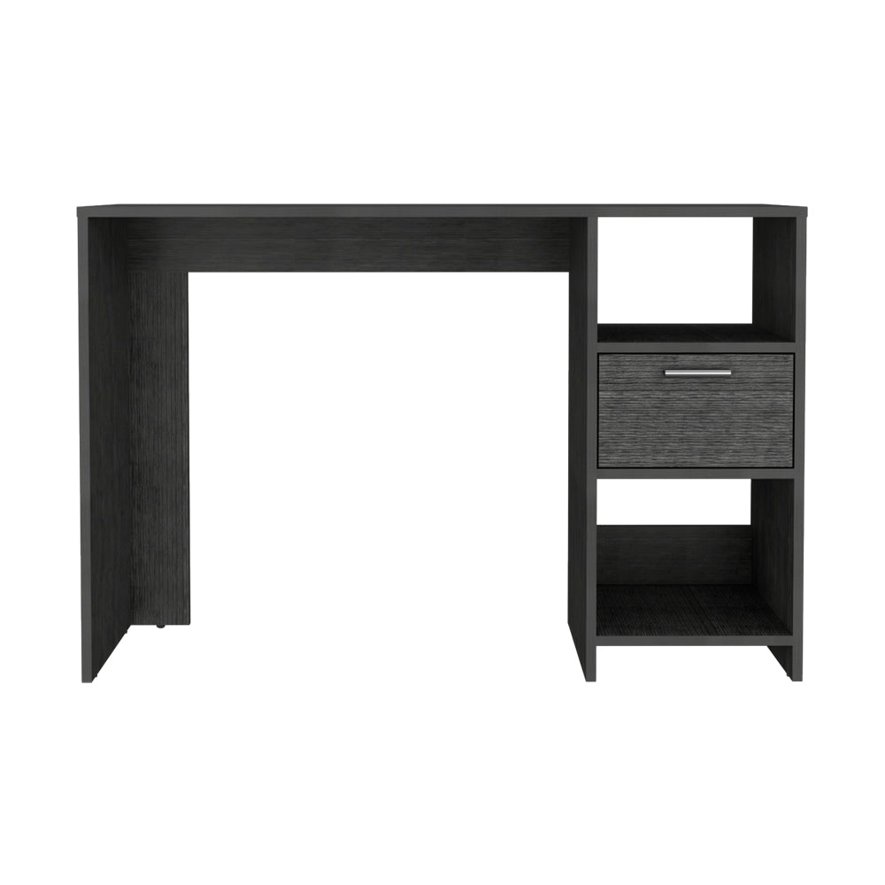 Modern dark grey computer desk with a single drawer and open shelves for home office