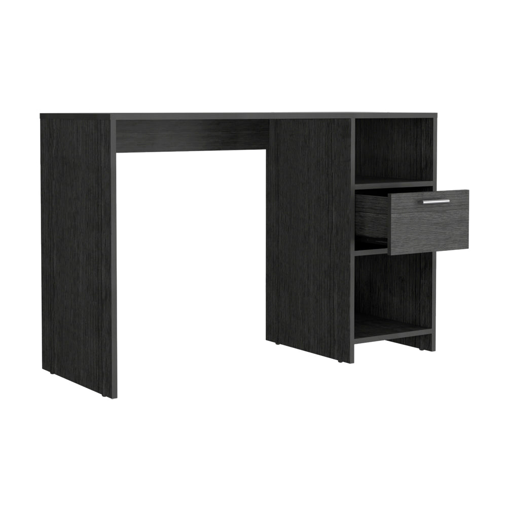 Dark wood desk with an open drawer and shelving unit