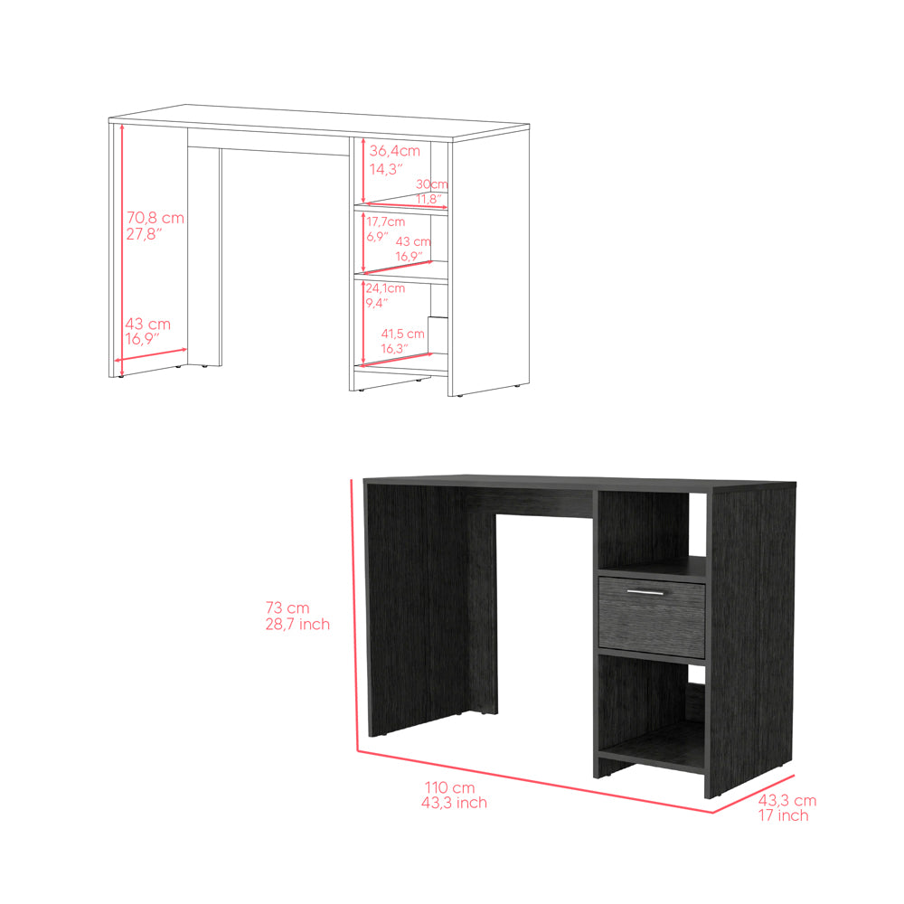 Dark wood modern desk with drawer and open shelves for home office use