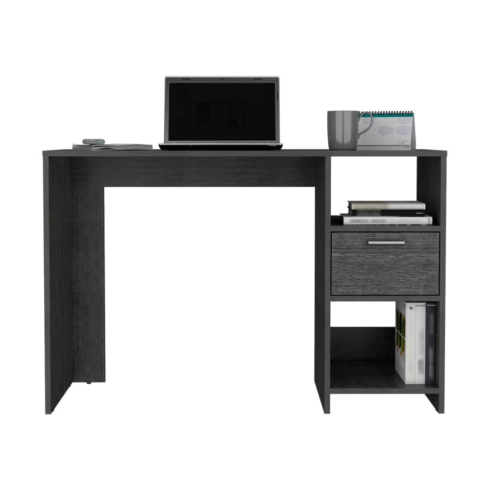 Modern dark gray wood computer desk with open shelving and one drawer perfect for home office