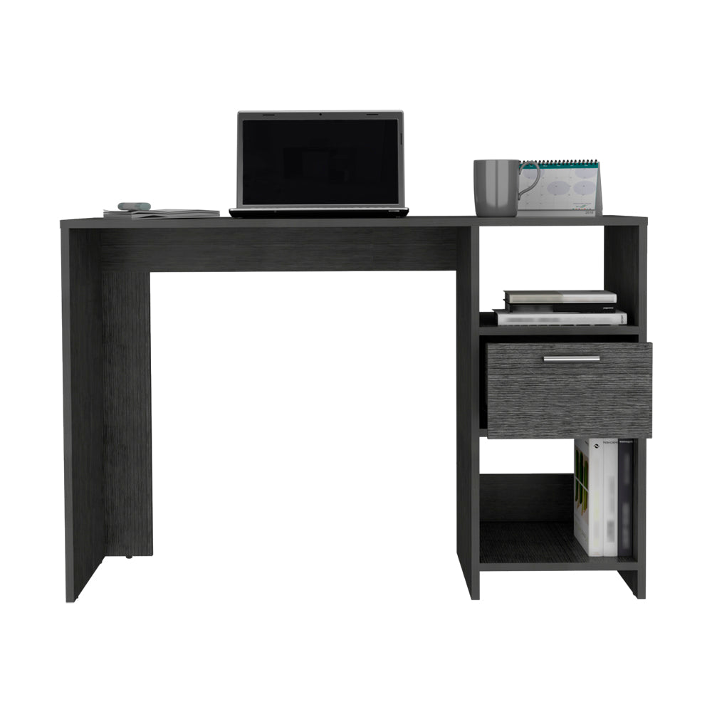 Dark gray modern writing desk with open shelves and a drawer