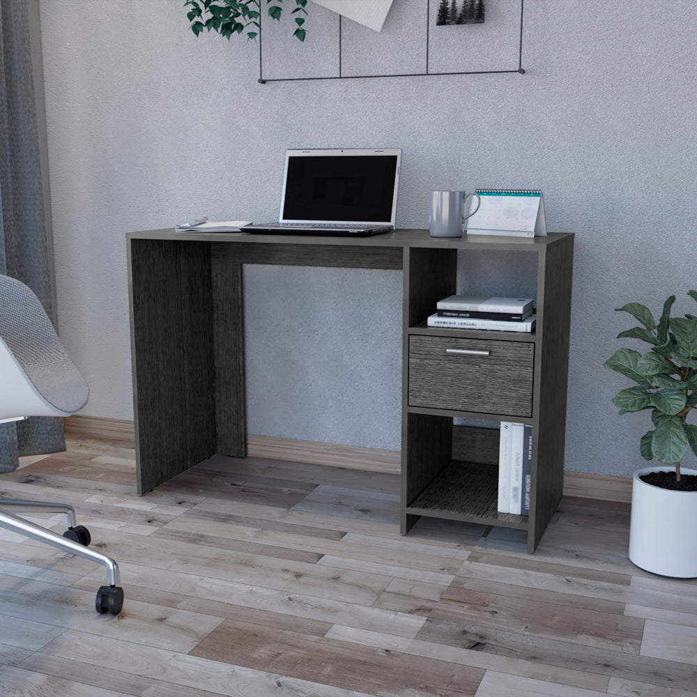Dark wood computer desk with integrated storage drawer and shelves ideal for home office use
