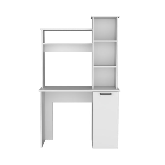 White modern computer desk with integrated hutch and storage cabinet