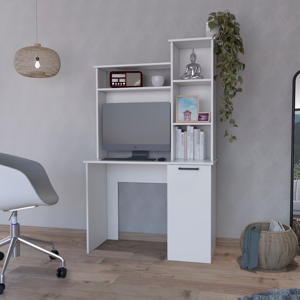 White computer desk with hutch and integrated shelving