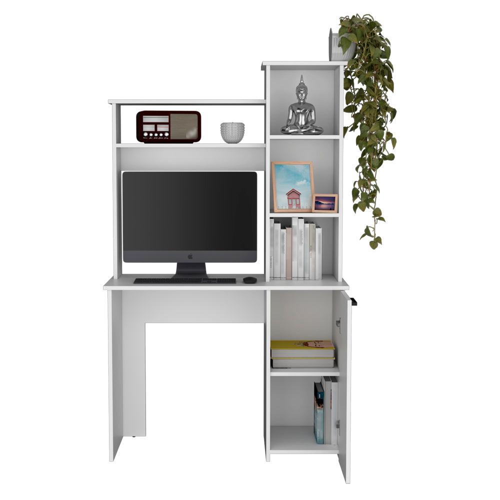 Compact white computer desk with integrated shelving and storage cabinet