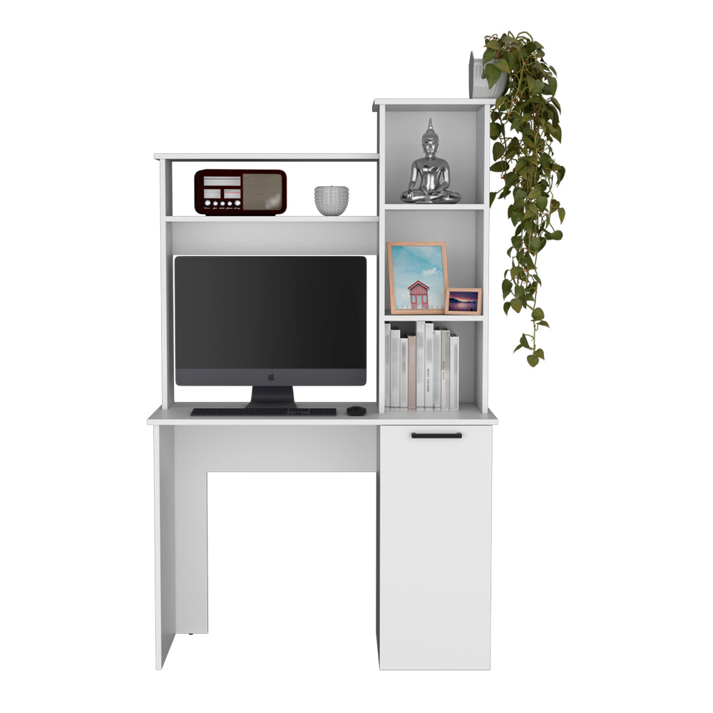 White computer desk with hutch featuring a monitor keyboard and decorative items