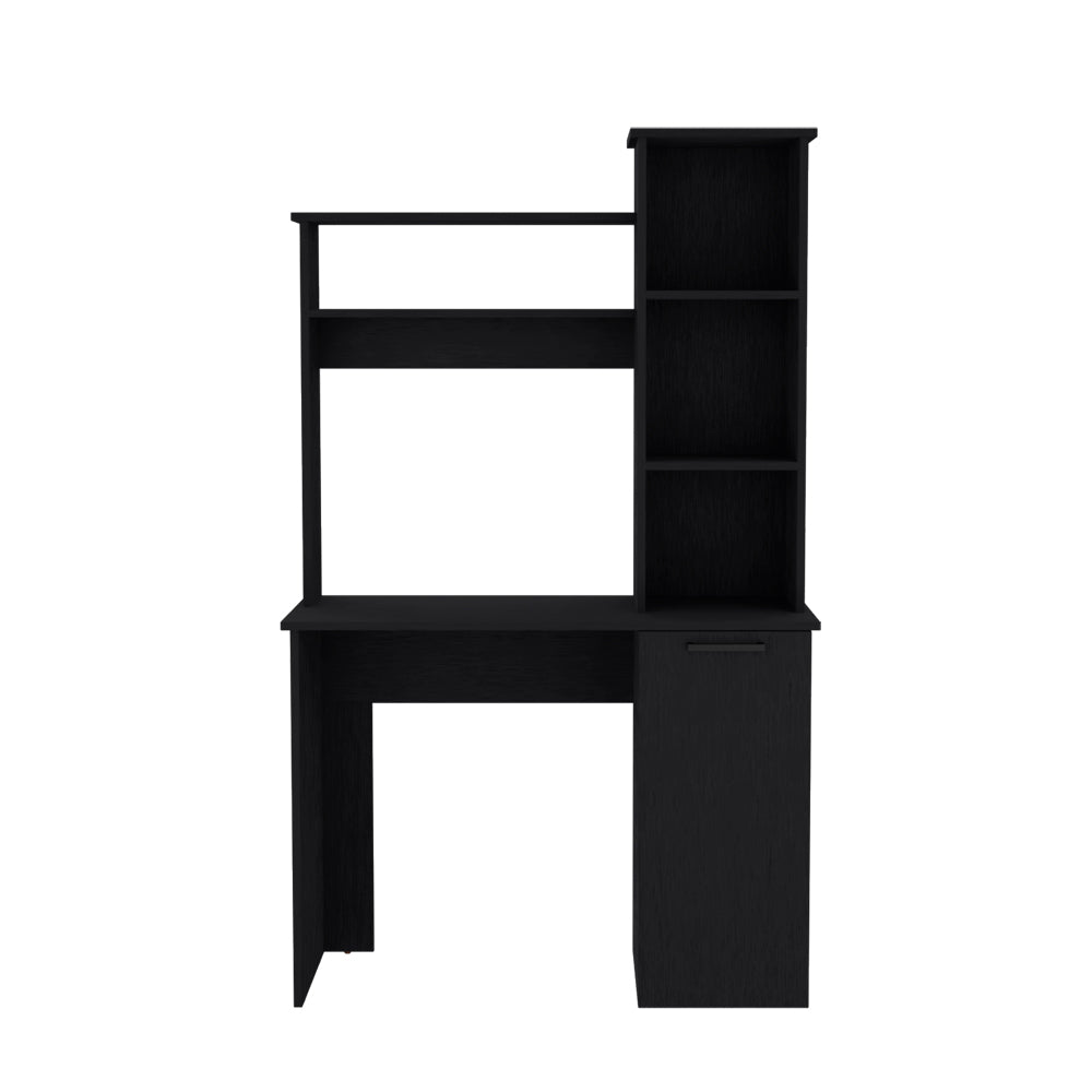 Black modern computer desk with integrated shelving unit and drawer