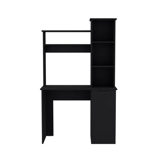 Black modern computer desk with integrated shelving unit and drawer