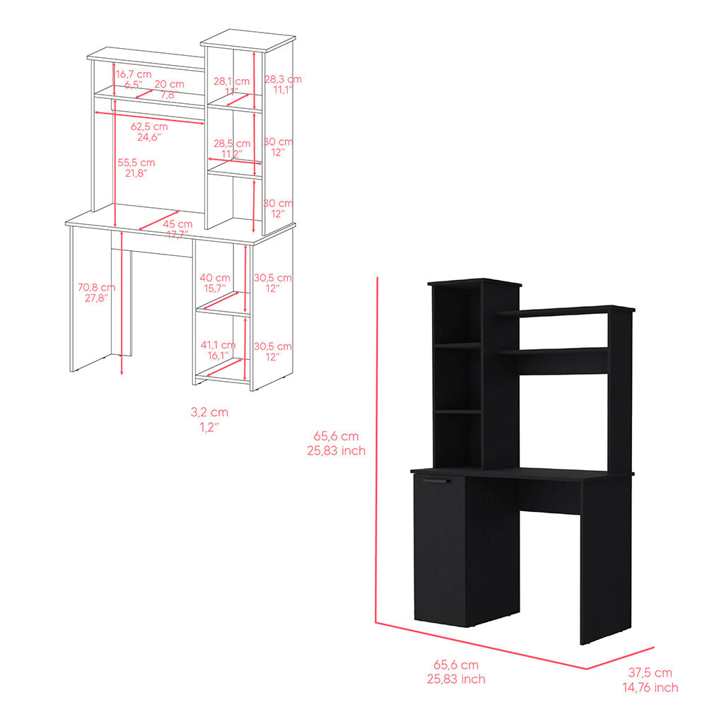 Black modern computer desk with open shelving and a cabinet ideal for a home office