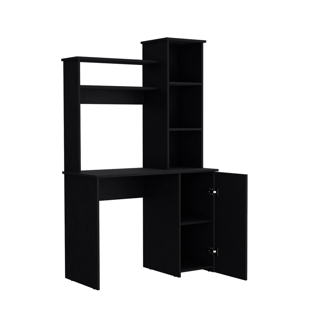 Black computer desk with hutch and open cabinet doors featuring multiple shelves for storage