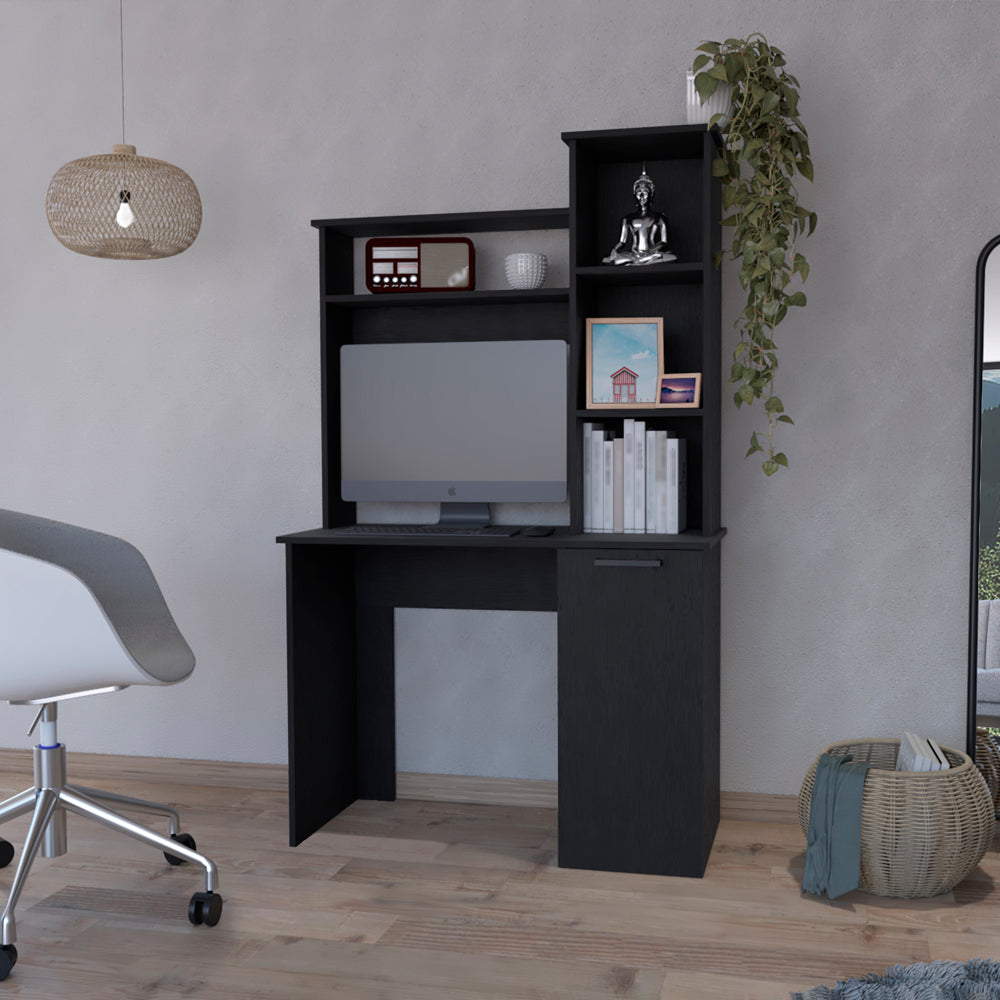 Compact black computer desk with hutch and shelving for home office organization