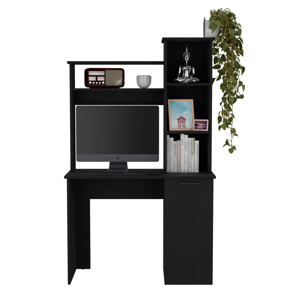 Modern black computer desk with hutch and integrated monitor
