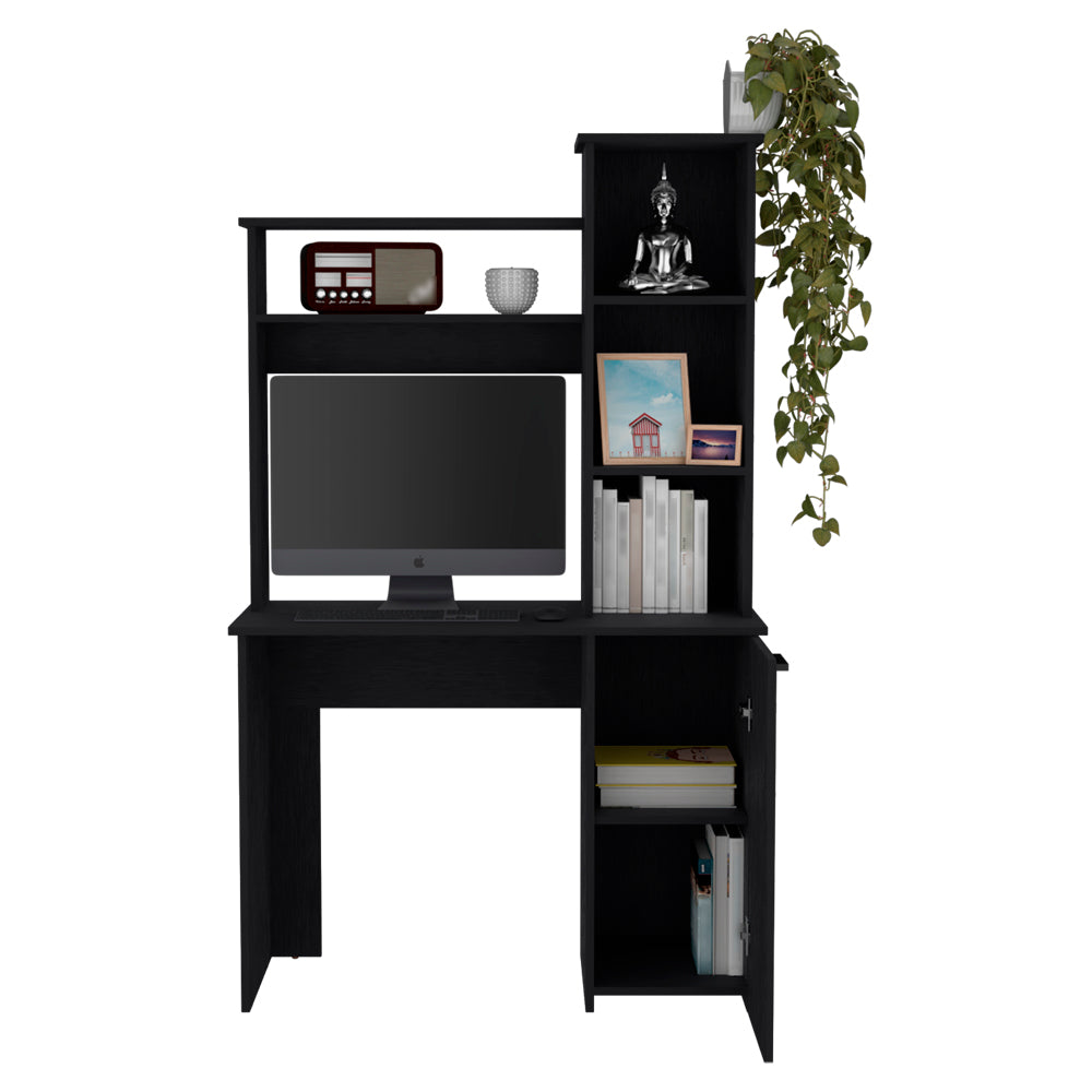 Black computer desk with hutch and integrated storage shelves for home office