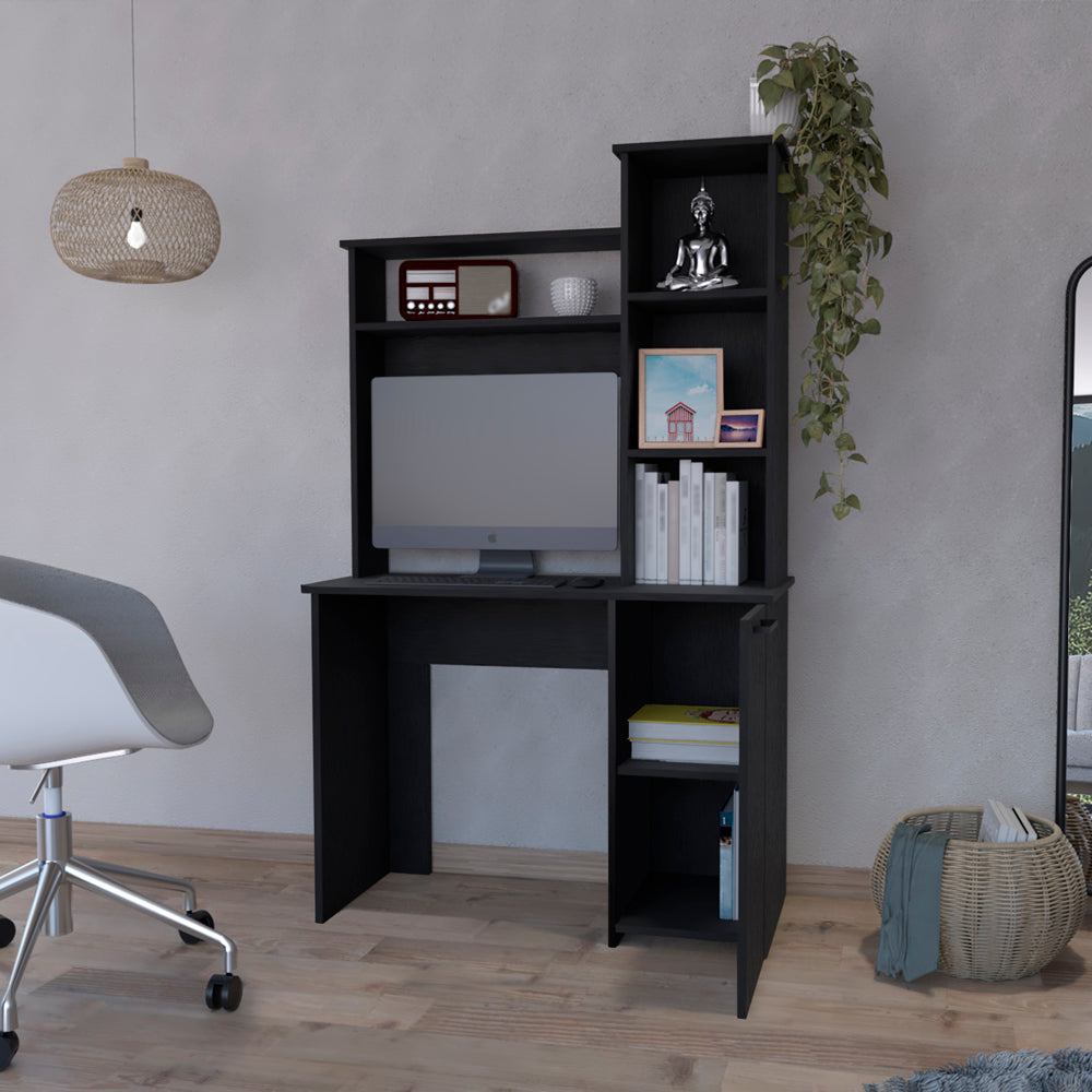 Black modern computer desk with hutch and integrated shelving unit