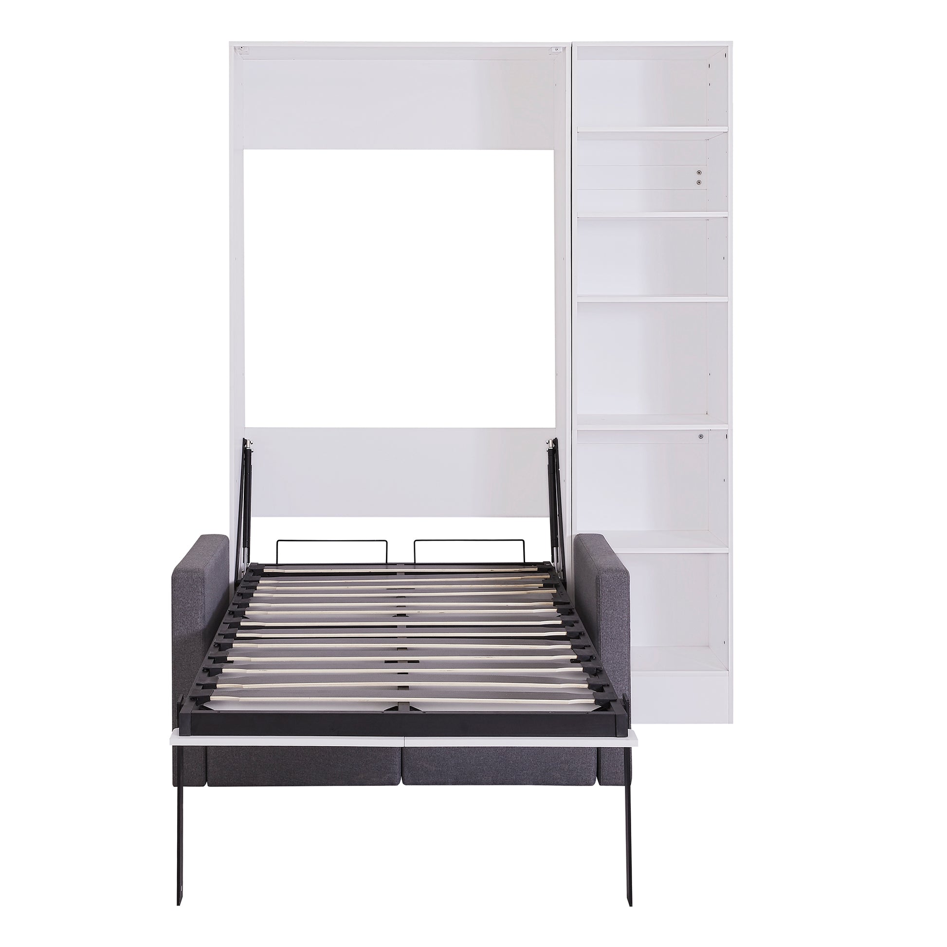 White murphy bed with gray sofa opened to reveal mattress base and integrated shelving