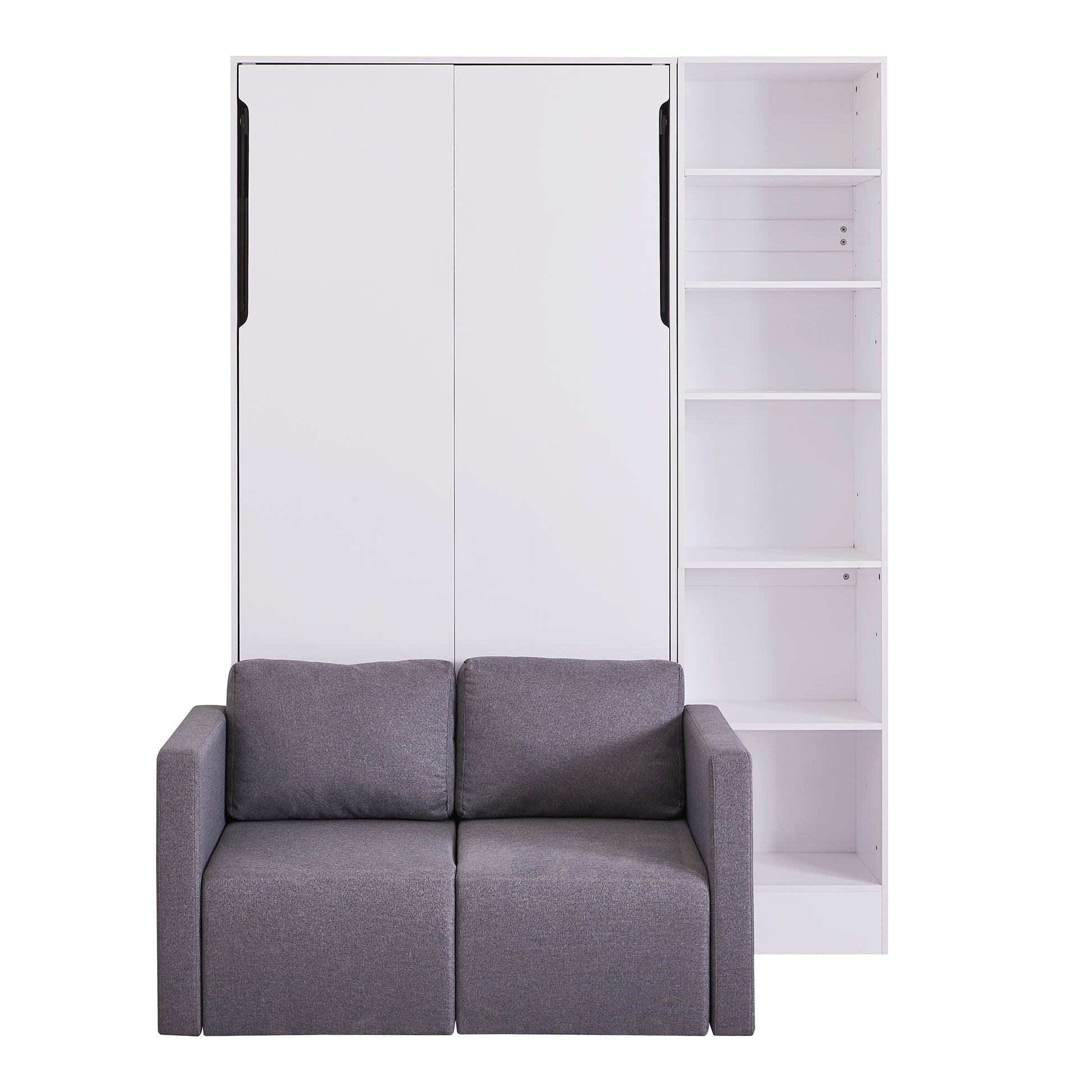 Gray fabric sofa with a white Murphy bed cabinet and a white bookshelf
