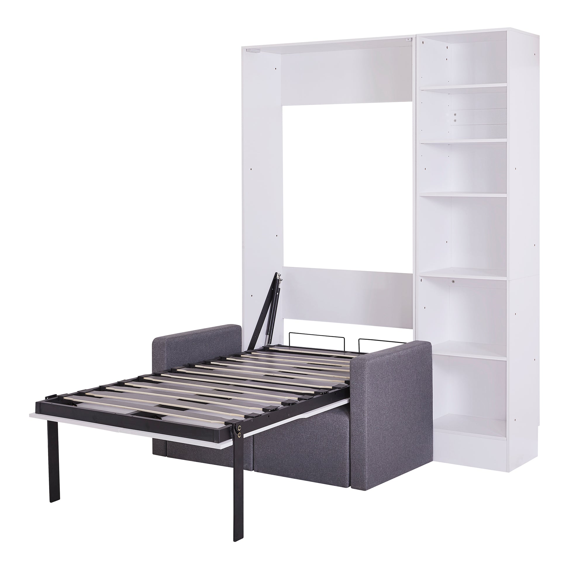 Grey sofa bed with white wall unit and shelves open