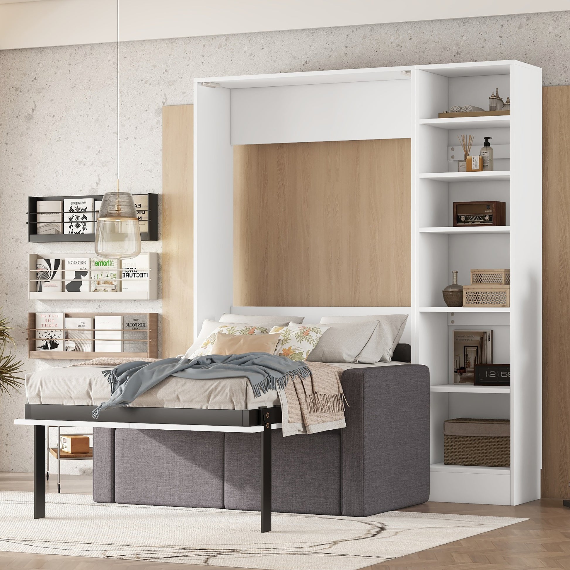 White wall bed with integrated grey sofa and shelving