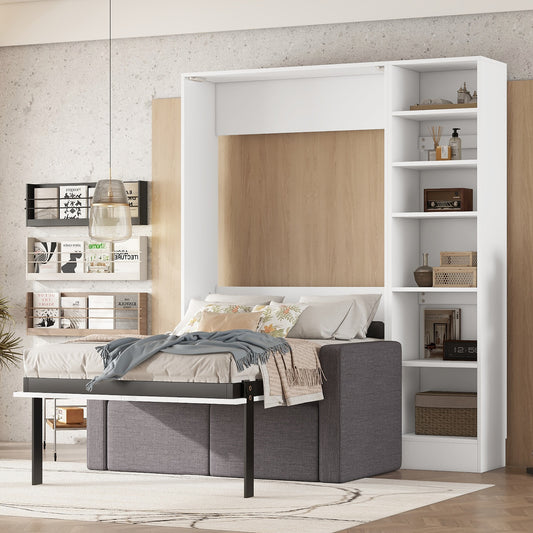 White wall bed with integrated grey sofa and shelving