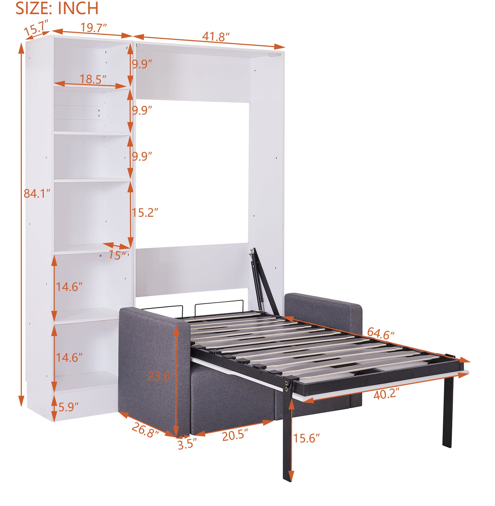 White wall bed frame with open gray sofa and visible mattress base