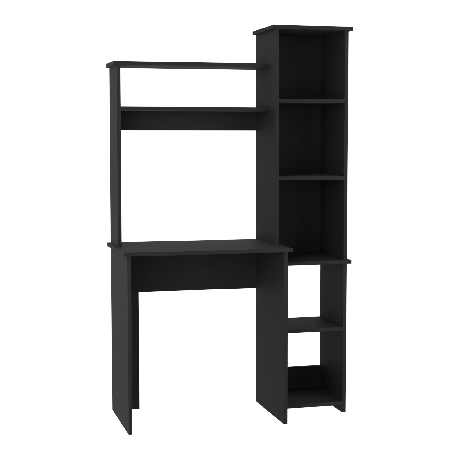 Black modern computer desk with integrated shelving unit