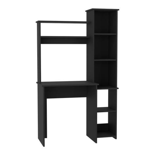 Black modern computer desk with integrated shelving unit