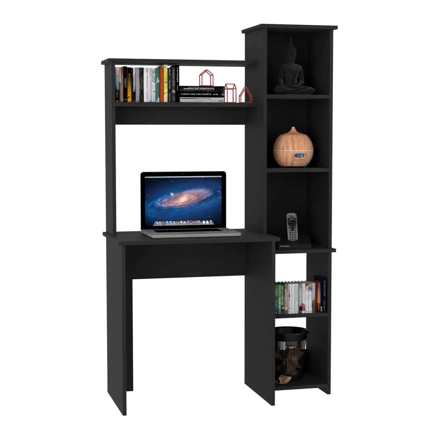 Dark gray compact desk with integrated bookshelf and laptop