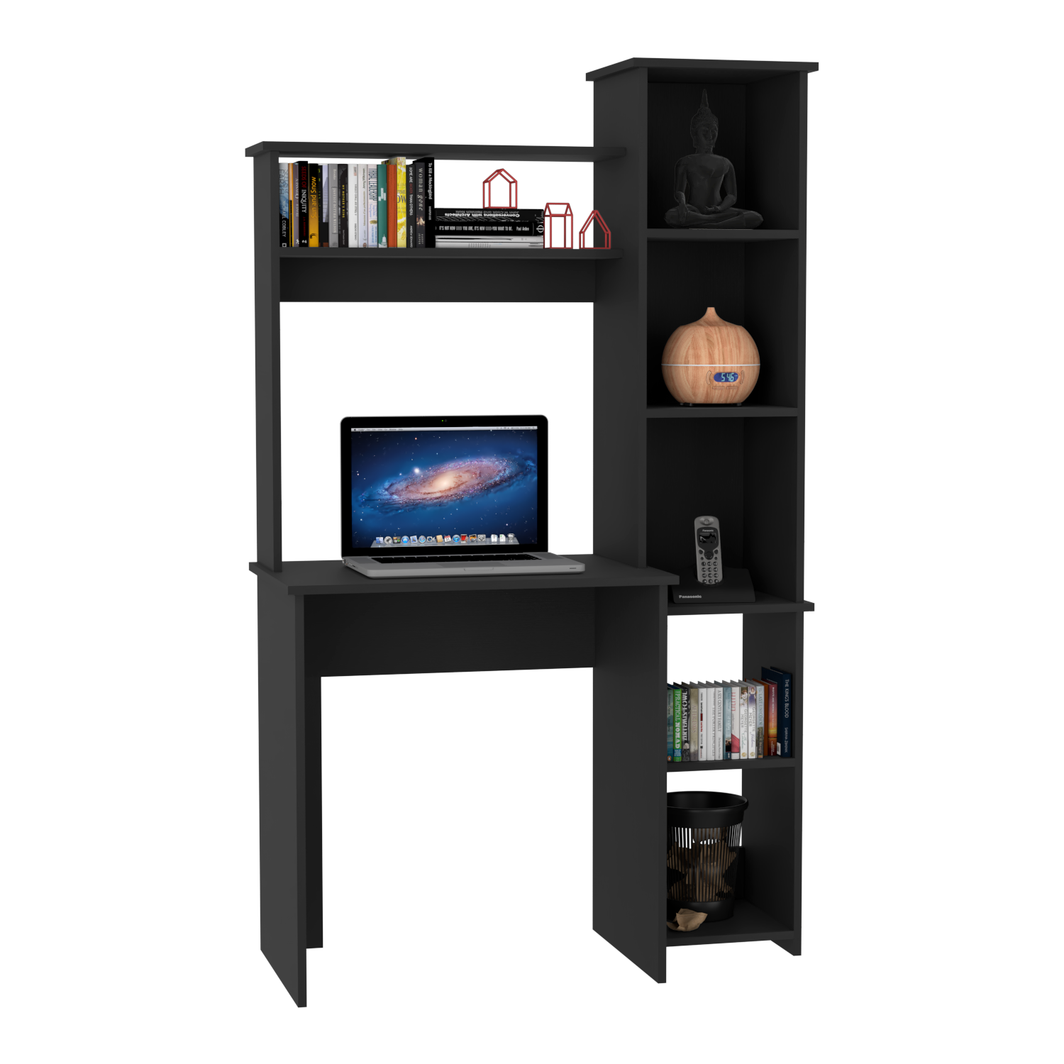 Dark gray compact desk with integrated bookshelf and laptop
