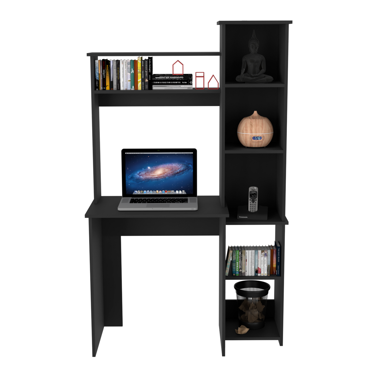 Modern black home office desk with laptop books and storage shelves