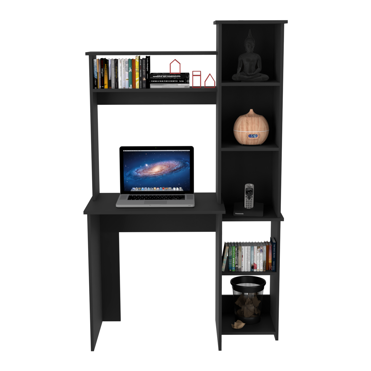 Modern black home office desk with laptop books and storage shelves