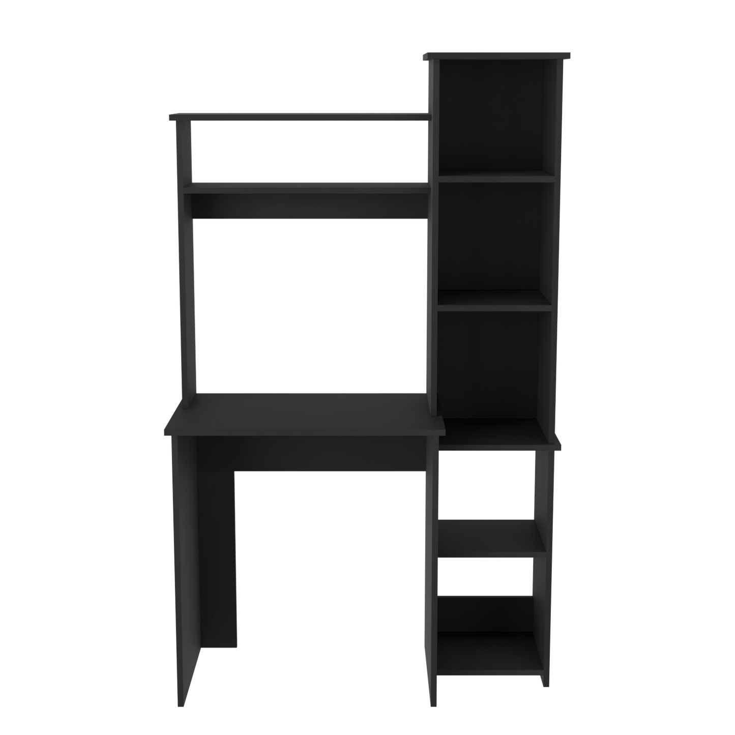 Black modern desk with integrated shelves and hutch for home office