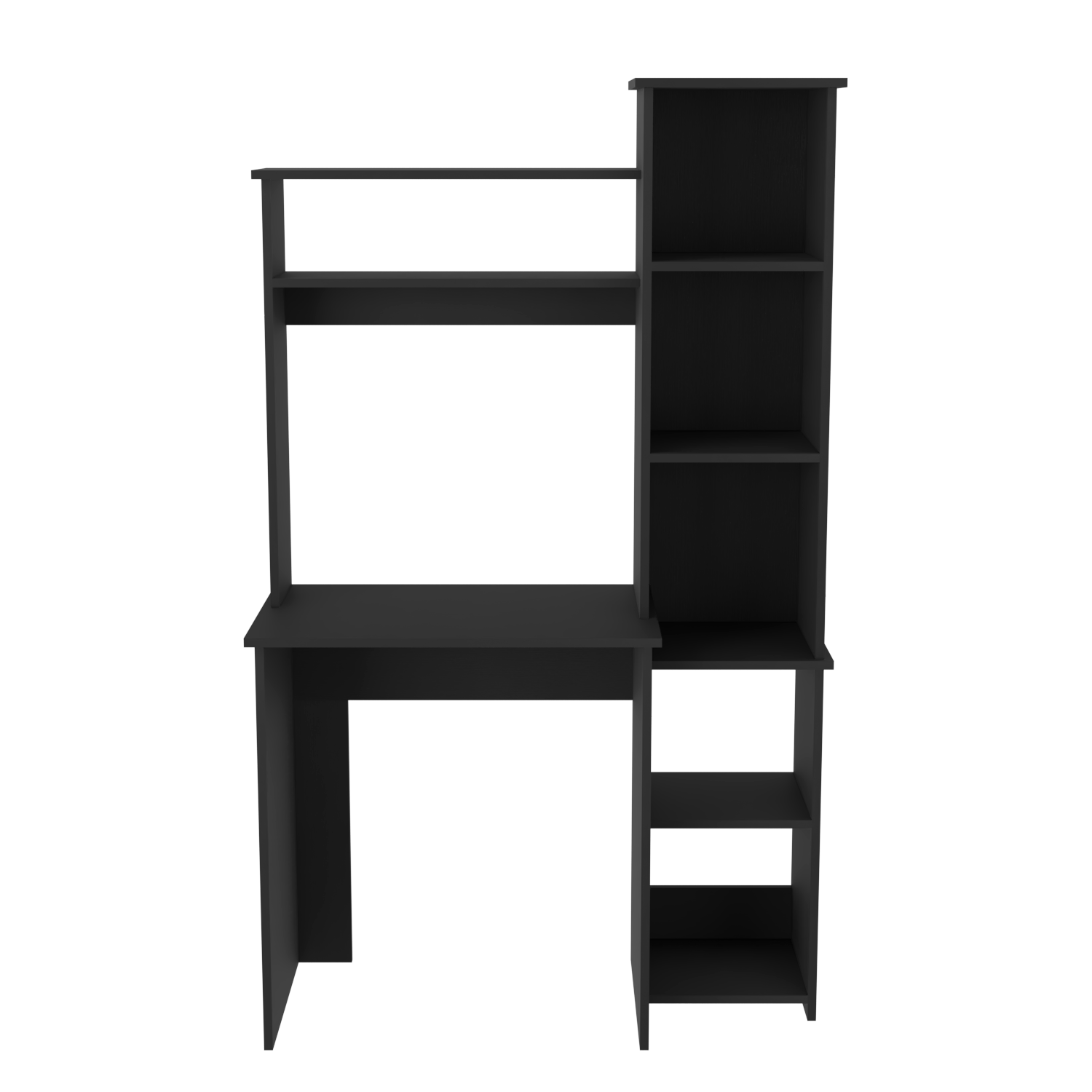 Black modern desk with integrated shelves and hutch for home office