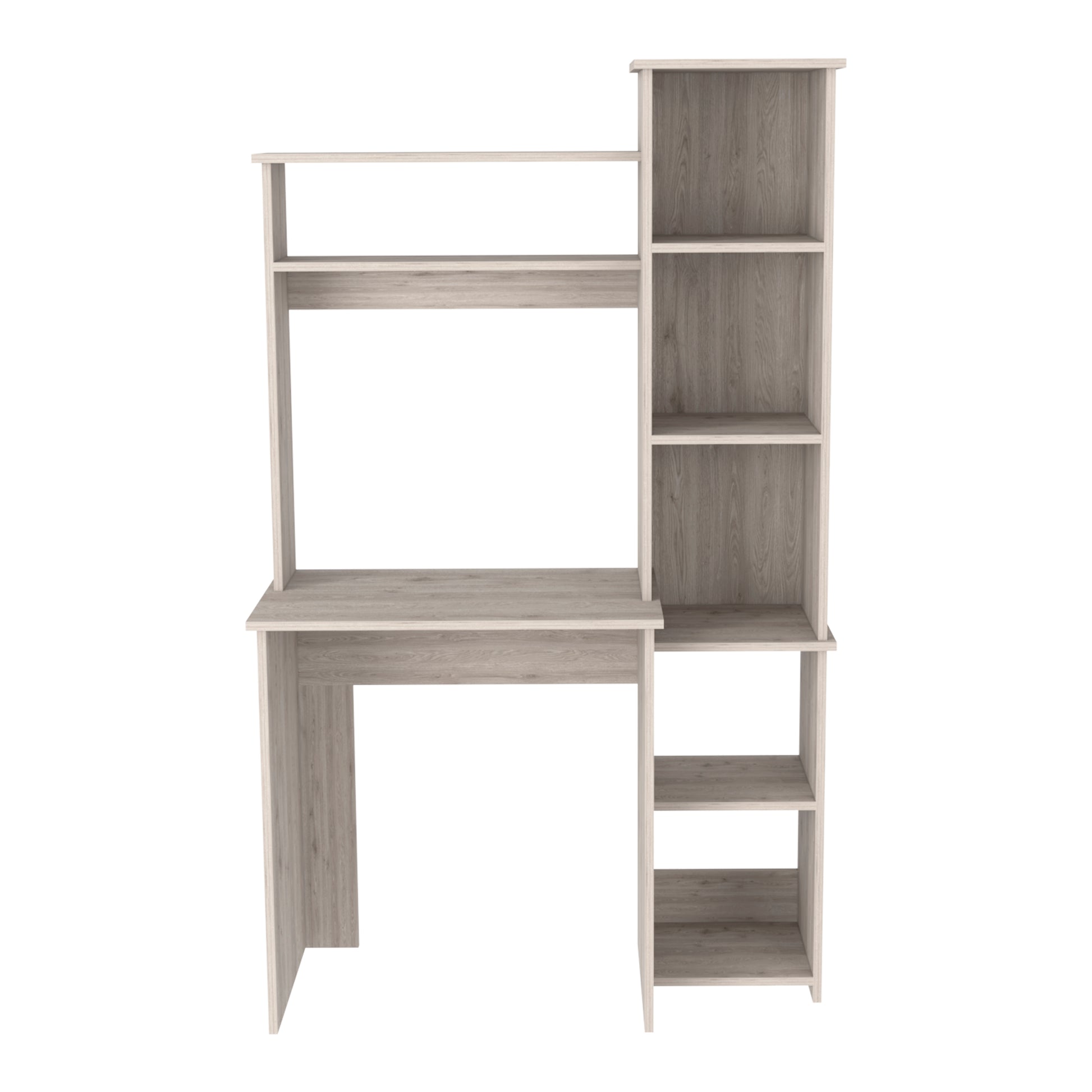 Modern grey wood computer desk with integrated shelving unit for home office