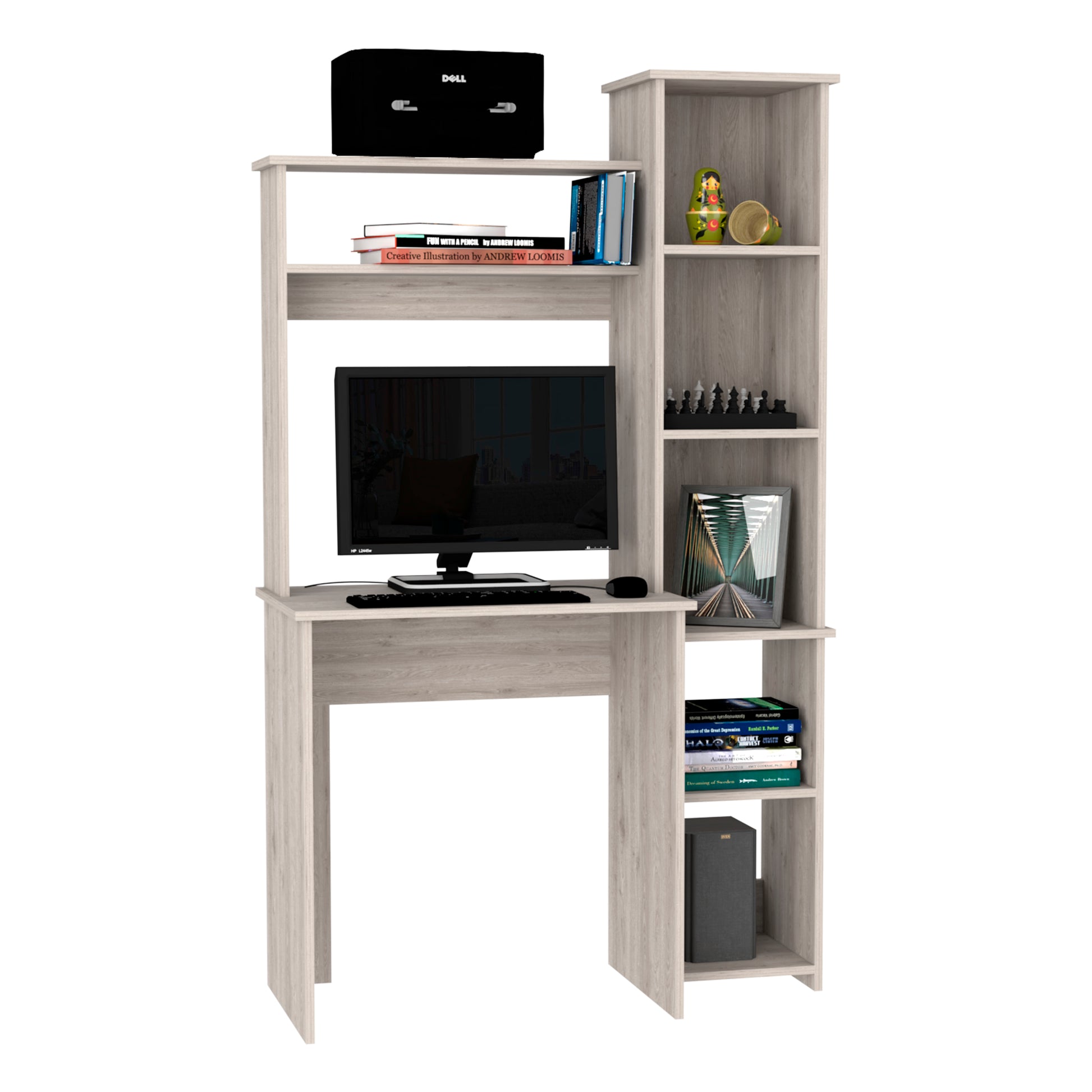 Light oak finish computer desk with monitor keyboard and integrated shelving unit