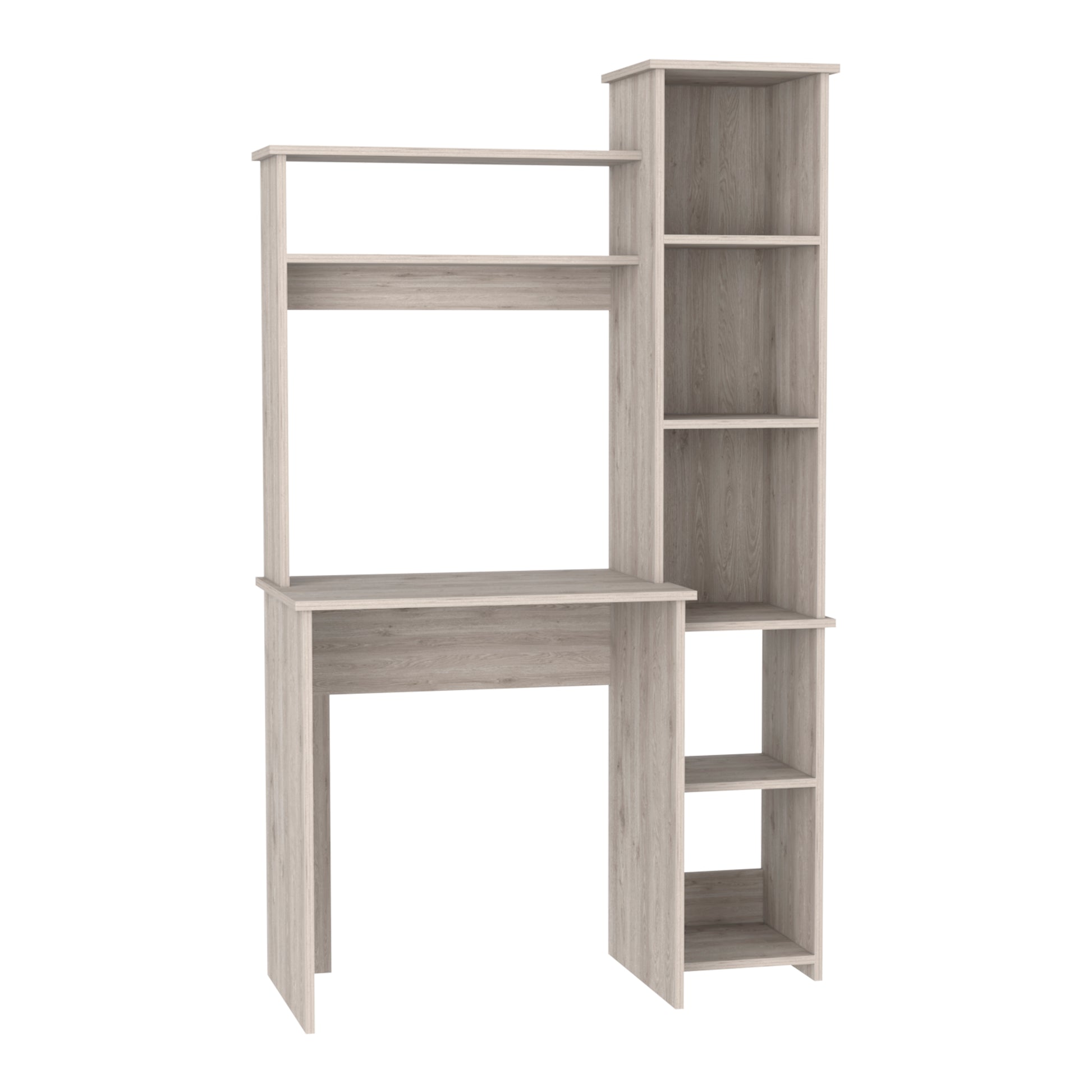 Rustic oak veneer computer desk with integrated shelving unit and multiple shelves